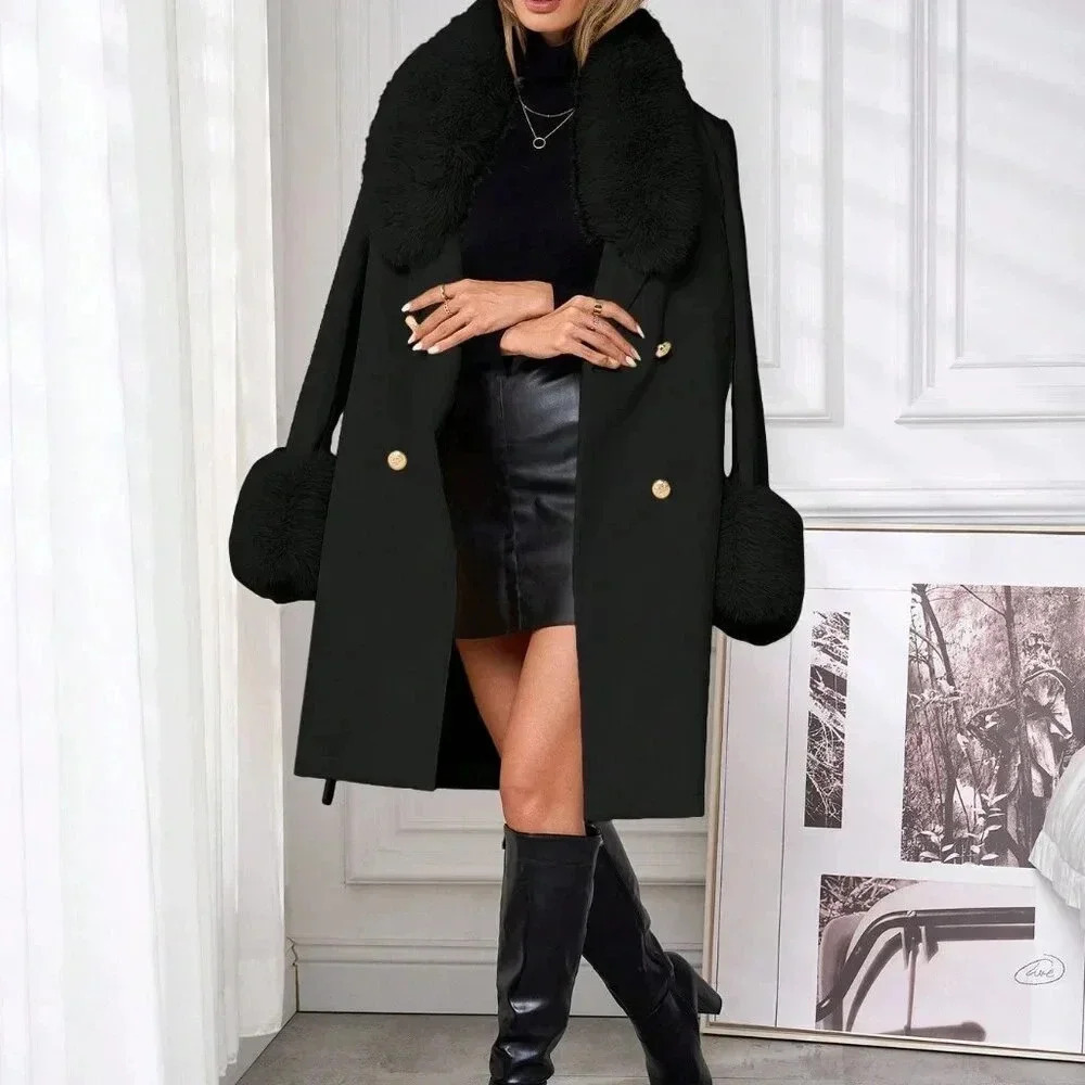Black Elegant Women's Double-Breasted Belted Faux Fur Trimmed Wool Coat